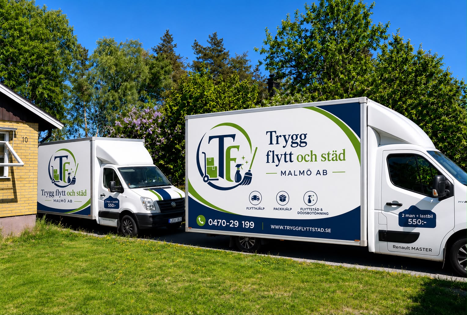 Trygg Flytt & Städ Malmö AB:s flyttbil parkerad utanför en villa